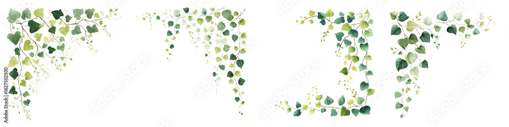 Fototapeta premium Watercolor Greenery Corner Border Set on White