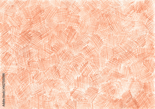 Background filled with texture drawn with colored pencils. Different shades of peach colors. Chaotical strokes. Delicate peach color. Cross strokes. White background visible.
