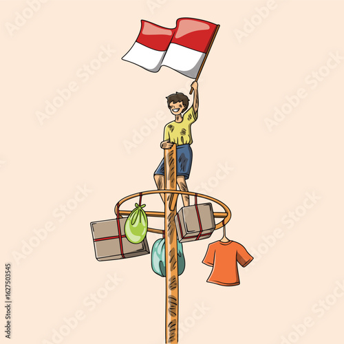 Illustration of people in a pole climbing competition