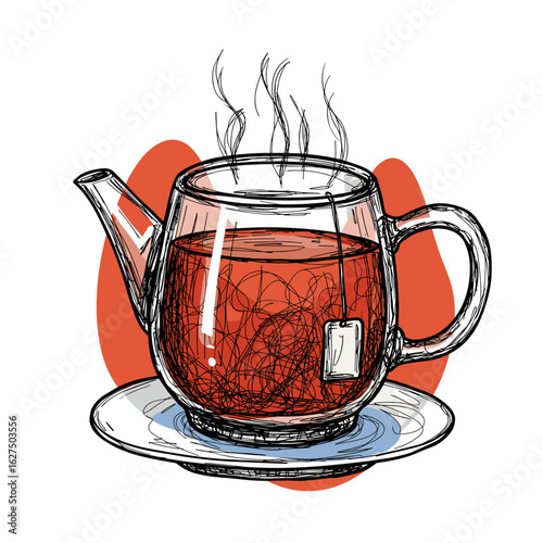 Hot tea in glass teapot with teabag on saucer with steam  