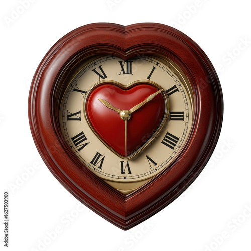 Elegant heart shaped clock with rich wooden frame and red heart detail isolated on transparent background