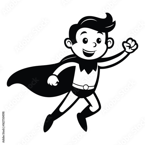 Cartoon boy superhero flying with a cape