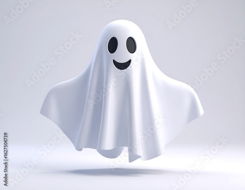 A cheerful, cartoonish ghost floats against a white backdrop