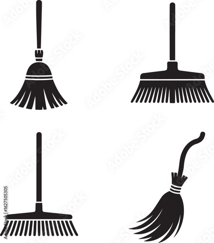 Broom silhouette set vector illustration isolated on transparent background