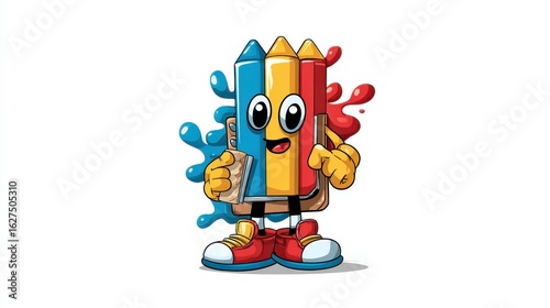 Cartoon Character with Crayons, Sketchbook, and Paint Splashes