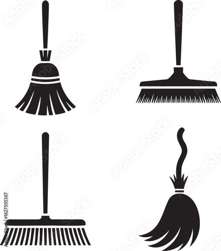 Broom silhouette set vector illustration isolated on transparent background