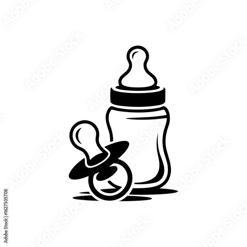 Vector icon baby milk bottle and pacifier on transparent background. Symbol of newborn care, baby food and feeding