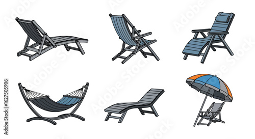 Beach chairs hammock and umbrella collection vector illustration on white