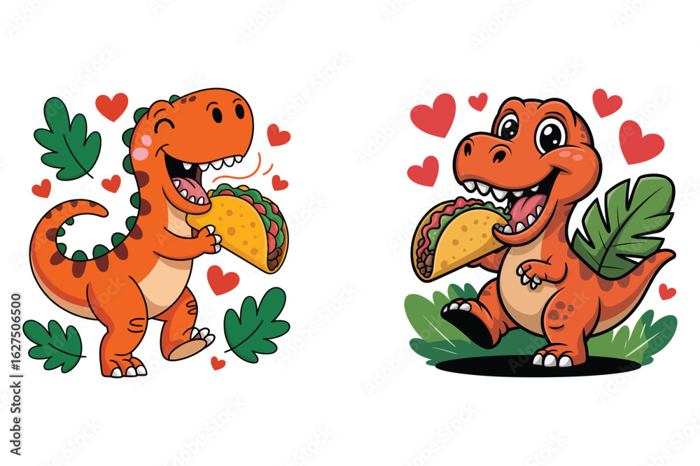 Fototapeta premium Orange dinosaurs eating tacos with hearts and leaves