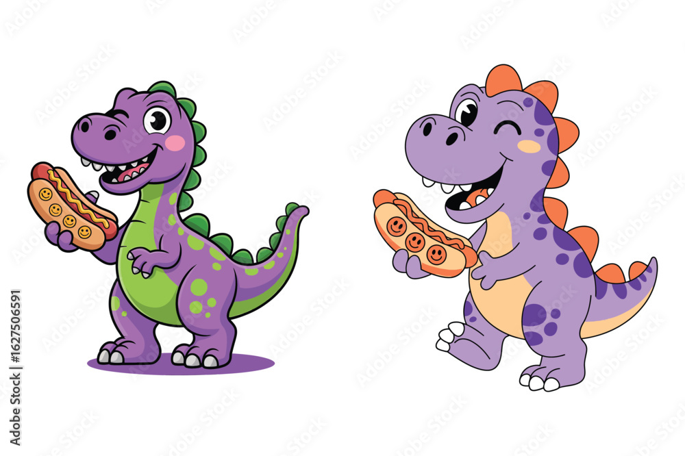 Fototapeta premium Purple dinosaurs holding hot dogs green orange
