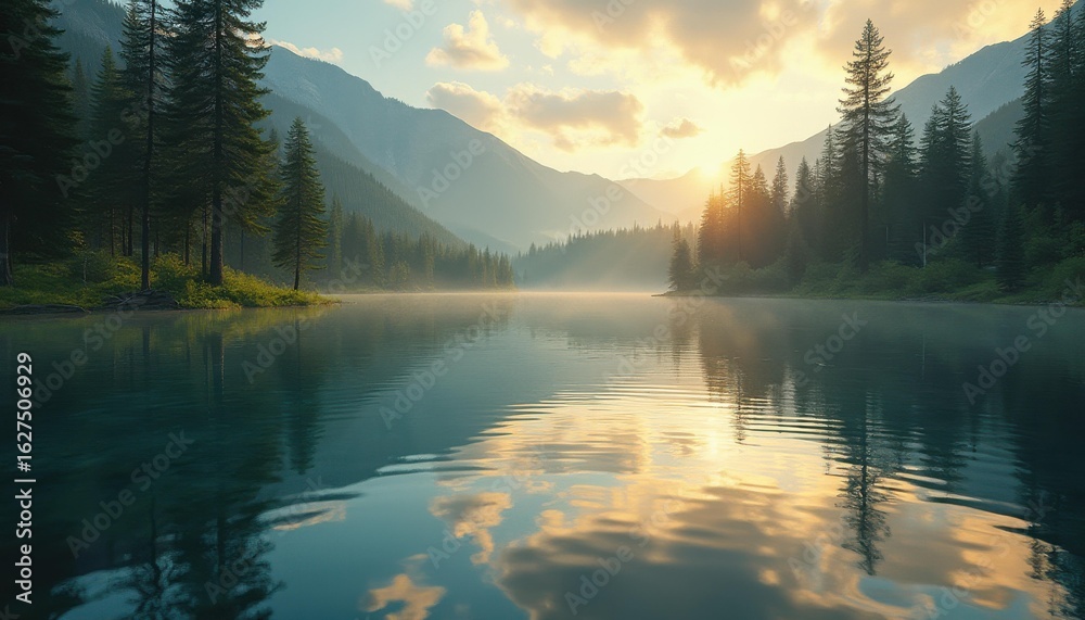 Fototapeta premium Majestic sunrise over tranquil mountain lake with reflections