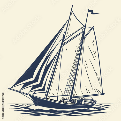 Classic 19th century sailboat illustration with detailed rigging and sails on the open sea