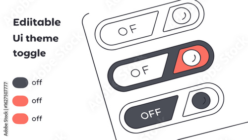 Editable ui theme toggle switch design elements showing off states with color options and text labels for user interface design