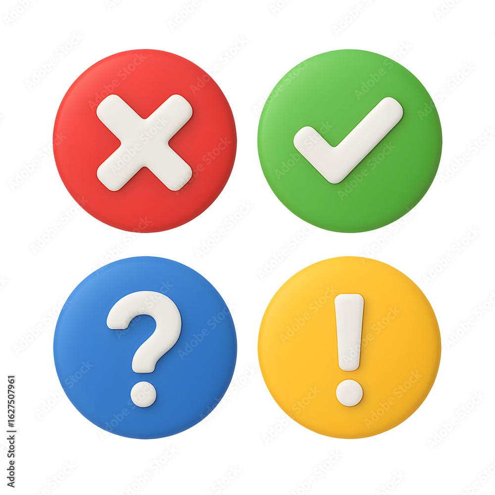 Fototapeta premium 3D round icon set with red cross, green check mark, blue question mark, and yellow exclamation mark, symbol and communication concept isolated on transparent background