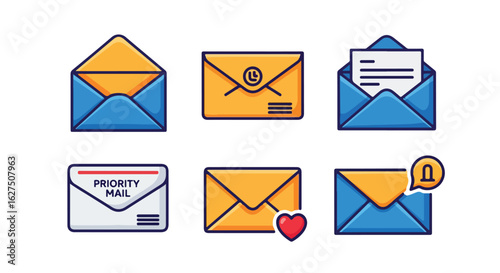 Cartoon envelopes icons set with mail letter and notification symbols