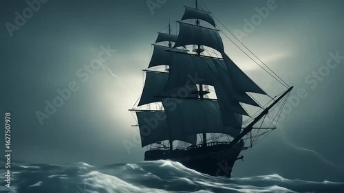 Tall Sailing Ship Amidst a Heavy Storm with Dark Skies and Bright Lightning Strikes on a Deep Blue Sea