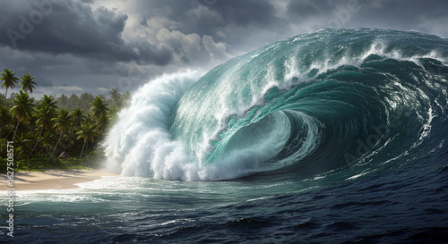 A powerful tsunami wave approaching the coastline under a stormy sky, rendered in realistic detail.