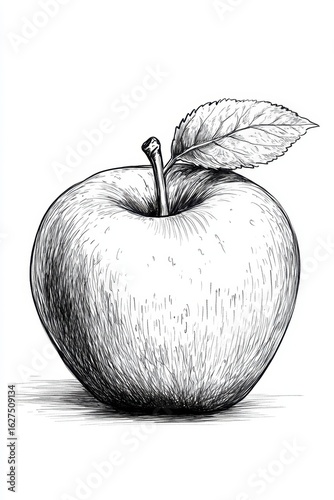 Hand-drawn vintage apple with leaf in detailed black and white sketch style on white background with shadow