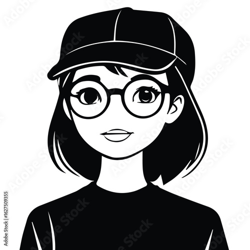 Young woman with bob haircut in a black baseball cap and glasses, facing forward in a neutral pose against a plain white background. Student or professional in a casual setting.
