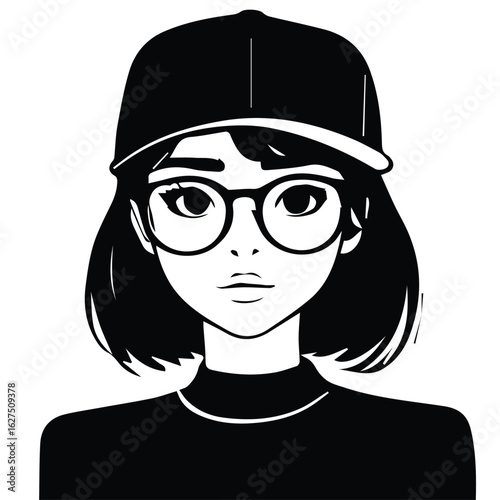 Young woman in a black baseball cap and glasses, wearing a turtleneck sweater, standing in a neutral setting. Stylish, fashionable, and cool persona in a minimalist style.