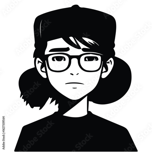 Teenager in a black baseball cap and glasses, neutral expression, in a neutral indoor setting. Teenager with thoughtful pose against white background.