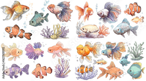 Colorful hand-drawn freshwater fish and corals in soft watercolor tones, ideal for aquatic-themed designs and educational illustrations.

