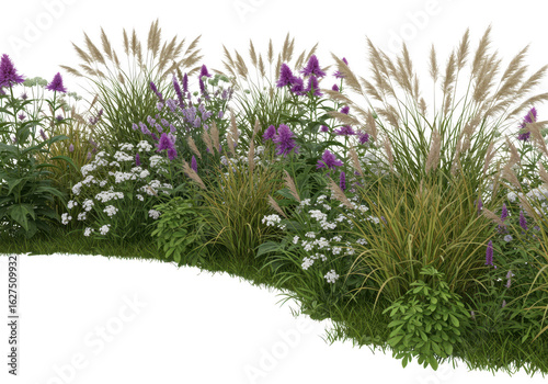 Fototapeta Naklejka Na Ścianę i Meble -  Mixed garden border with purple and white flowers and ornamental grass isolated on transparent background