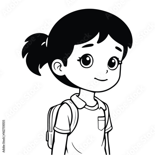 Young girl student in school uniform standing with backpack. Friendly expression and casual pose in a simple setting. Elementary student in school uniform. classroom -