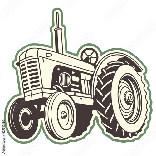 Retro 1950s farm tractor illustration with prominent large rear wheels suitable for agriculture and vintage themes