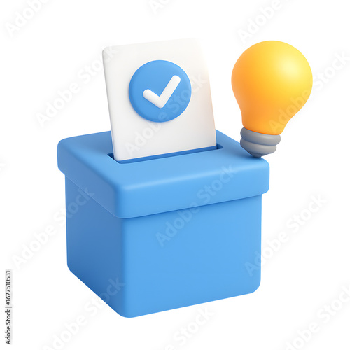 3D suggestion box icon with white check-mark card and yellow light bulb, idea and feedback concept isolated on transparent background