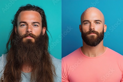 Portrait of two men: one with long, flowing hair and a full beard, and the other with a shaved head and a neatly trimmed beard against bright blue backgrounds.,contrast, comparison