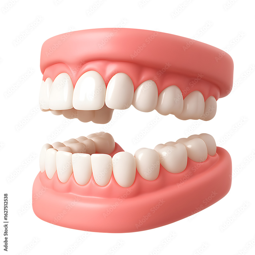 Obraz premium 3D white teeth icon with open upper and lower jaw and realistic pink gums, isolated on transparent background