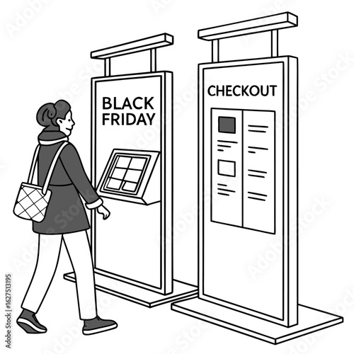 A woman approaches a self checkout kiosk during a black friday sale preparing to make a purchase