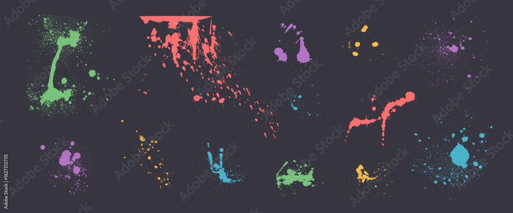 Naklejka premium Spray colorful splatters set. Grunge spraypaint splashes and drips. Paint spots and blob shapes. Collage smudge vibrant colors element. Dirty liquid spatter silhouette. Vector hand drawn grimes pack.