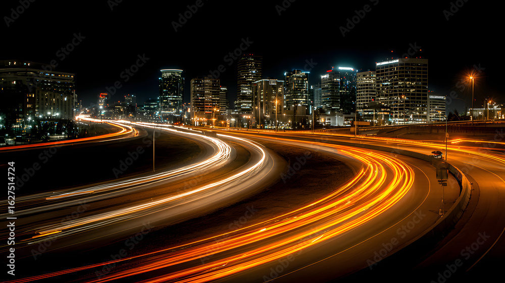 Fototapeta premium Long exposure of city lights capturing the dynamic pace of urban life.