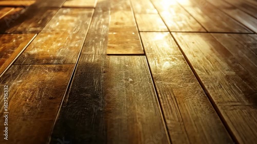 Close-up view of textured wooden floor planks illuminated by warm sunlight, creating a cozy atmosphere