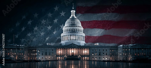 Wallpaper Mural America flag behind the capitol building. Congress and senate politic. Generative AI technology.	
 Torontodigital.ca