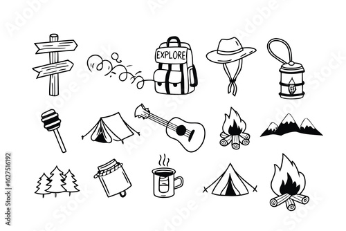 Hand-drawn camping and outdoor adventure vector set with gear, mountains, campfire, tents, trees, and travel essentials in a fun, doodle-style 
