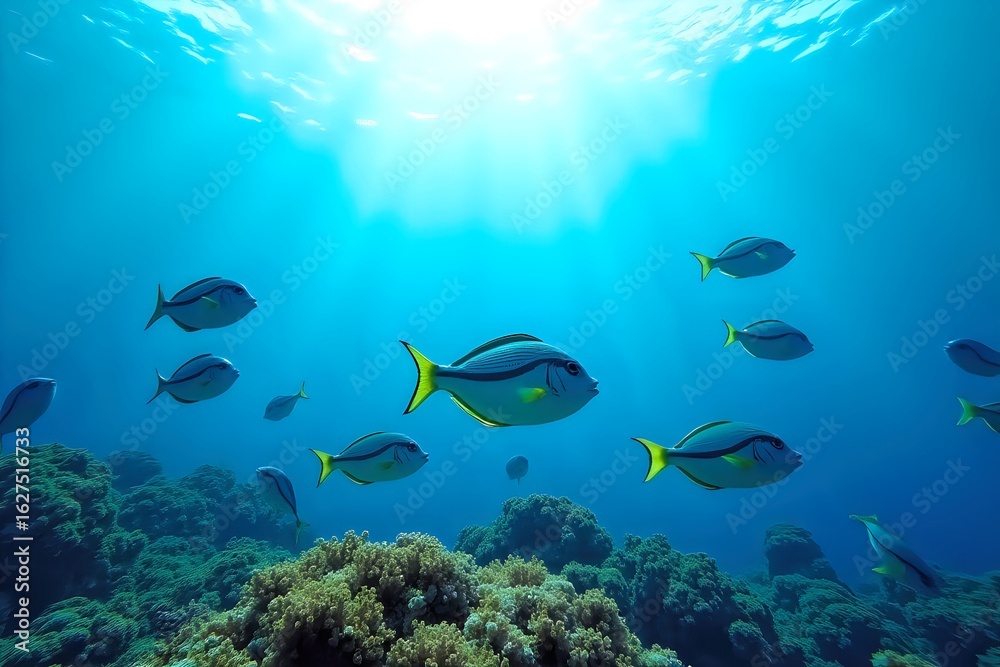 Fototapeta premium Tropical Fish Swim Near Coral Reef in Sunlit Blue Ocean