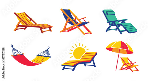 Collection of colorful deck chairs and hammock illustrations isolated on white background