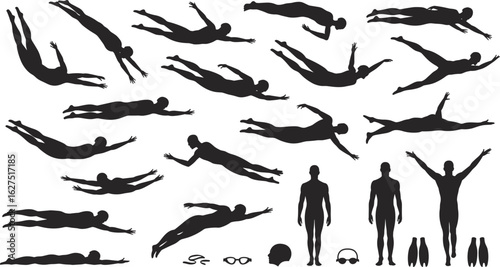 Swimming silhouette vector collection, professional swimmer poses, diving, floating, freestyle, swim gear icons, flat vector illustration