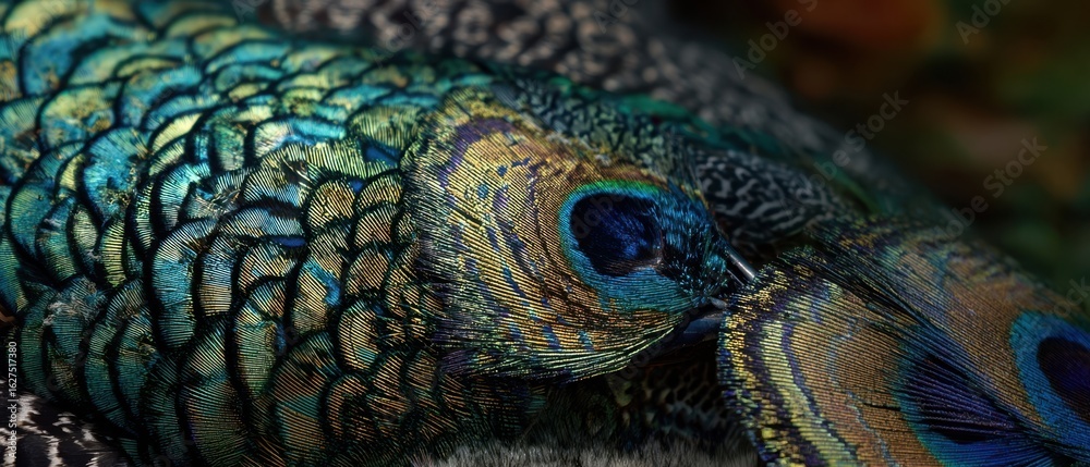 Obraz premium The Vibrant Iridescent Feathers of a Stunning Peacock Up Close