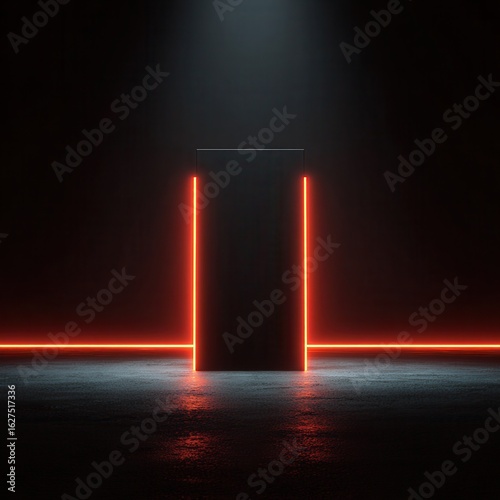 Wallpaper Mural A sleek black podium illuminated by glowing red neon lights, set against a pitch-black background, creating a dramatic and futuristic atmosphere. Torontodigital.ca