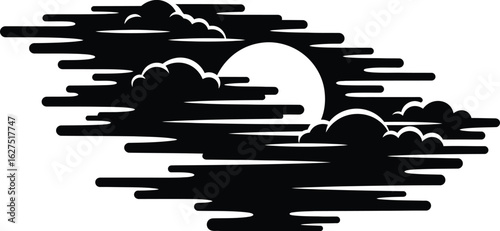 Dramatic black and white vector illustration showcases stylized clouds partially obscuring a bright, full moon, creating a striking celestial scene perfect for graphic design.