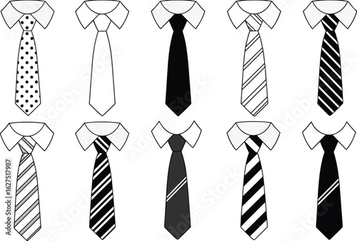 Formal necktie fashion set, shirt and tie vector icons, striped and plain businesswear collection, office dress code illustration, men style