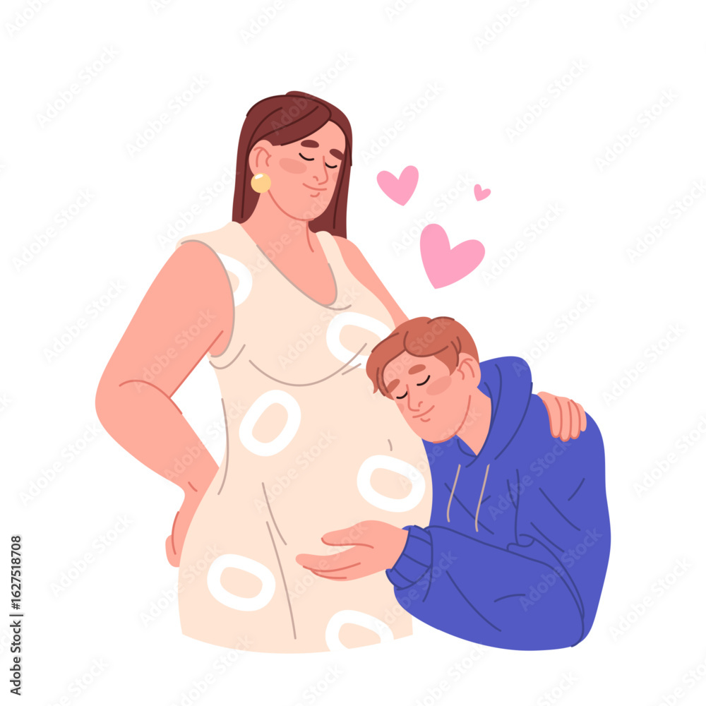 Father hugging baby bump. Vector pregnant mother waiting child. Couple infant anticipation and family support during maternity sign. Parenthood planning and loving bond. Man and woman wait for baby. Father hugging baby bump. Vector pregnant mother waiting child. Couple infant anticipation and family support during maternity sign. Parenthood planning and loving bond. Man and woman wait for baby.