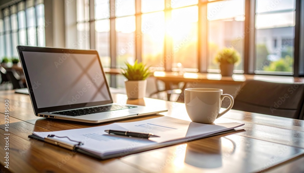 custom made wallpaper toronto digitalNeat and minimalist with a laptop, coffee cup, and plants, lit by the warm morning sun.e
