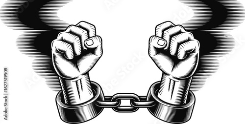 Engraved illustration showcases two fists clenched in defiance, wrists bound by metal shackles, symbolizing themes of freedom, resistance, and the struggle against oppression.