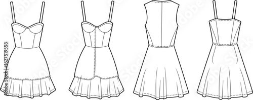 Cad drawing flat vector illustration, technical dress sketch, sweetheart neckline design, fashion flat, garment construction, ruffle hem detail, apparel blueprint
