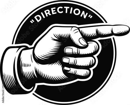 Vintage style hand pointing a direction, featuring a retro design with a finger pointing right, perfect for guidance, navigation, or business concepts in black and white.
